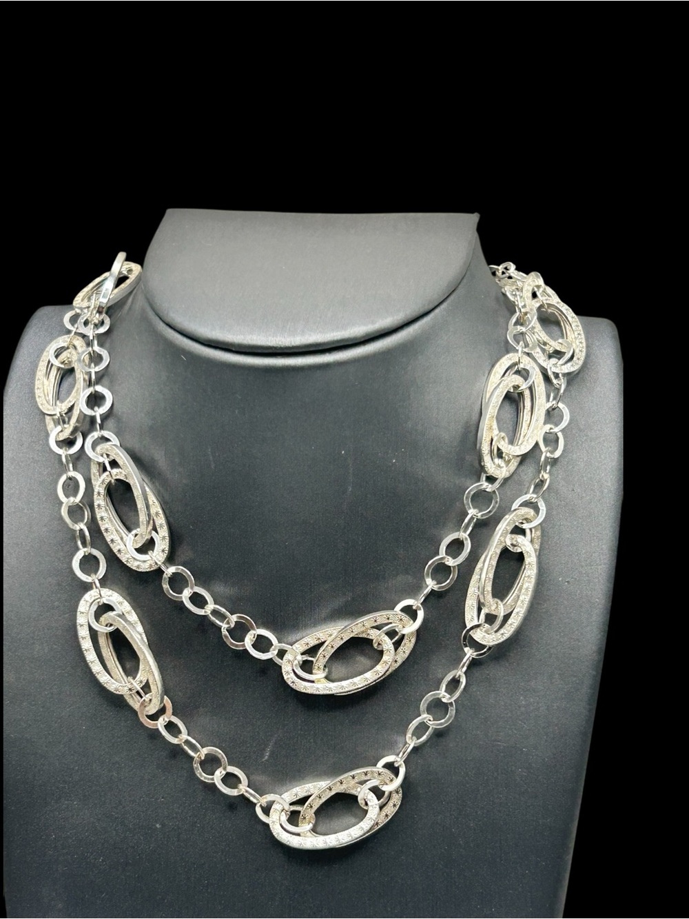 Long Italian Sterling Silver Ornate Engraved Link Necklace
